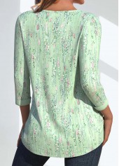 Light Green Button Geometric Print 3/4 Sleeve T Shirt | thumb picture 