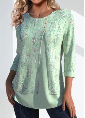 Light Green Button Geometric Print 3/4 Sleeve T Shirt | thumb picture 