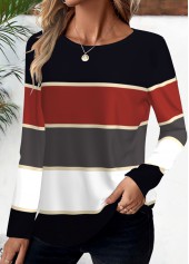 Deep Red Striped Long Sleeve Round Neck T Shirt
