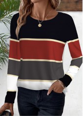 Deep Red Striped Long Sleeve Round Neck T Shirt | thumb picture 