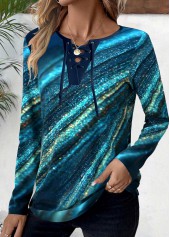 Peacock Blue Lace Up Ombre Long Sleeve T Shirt