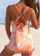 Frill Leaf Print Neon Orange Swimdress and Panty