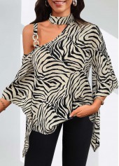 Light Camel Asymmetry Zebra Stripe Print 3/4 Sleeve Blouse