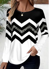 Black Patchwork Striped Long Sleeve Round Neck T Shirt