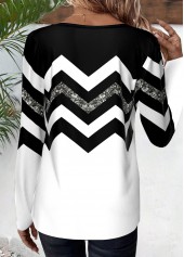 Black Patchwork Striped Long Sleeve Round Neck T Shirt | thumb picture 