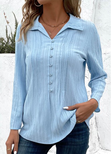 Modlily Light Blue Button 3/4 Sleeve Shirt Collar Blouse - S