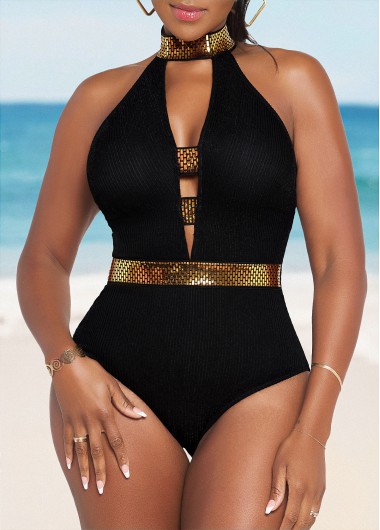 Modlily Shinning Ladder Cutout Black One Piece Swimwear - XXL