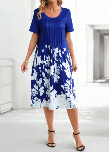 Modlily Royal Blue Tuck Stitch Floral Print Shift Dress - S