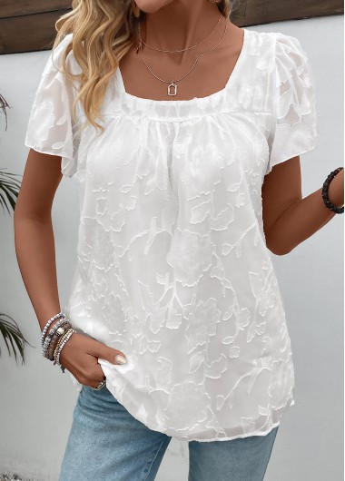 women clothes image of White Chiffon Short Sleeve Square Neck T Shirt