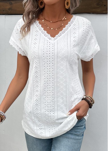 Modlily White Patchwork Short Sleeve V Neck T Shirt - M