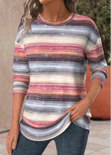 Modlily Multi Color Striped Long Sleeve Round Neck T Shirt - XXL