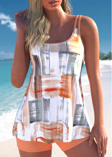 women clothes image of Contrast Binding Geometric Print Orange Tankini Set