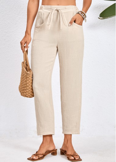 women clothes image of Beige Pocket Drawastring High Waisted Pants