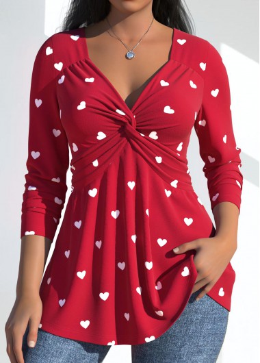 Modlily Plus Size Red Twist Heart Print T Shirt - 3X