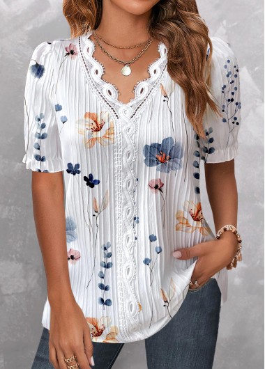 Modlily White Lace Floral Print Long Sleeve V Neck Blouse - XL