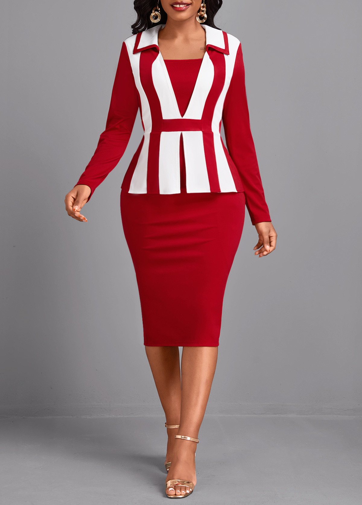 Wine Red Patchwork Long Sleeve Square Neck Bodycon Dress