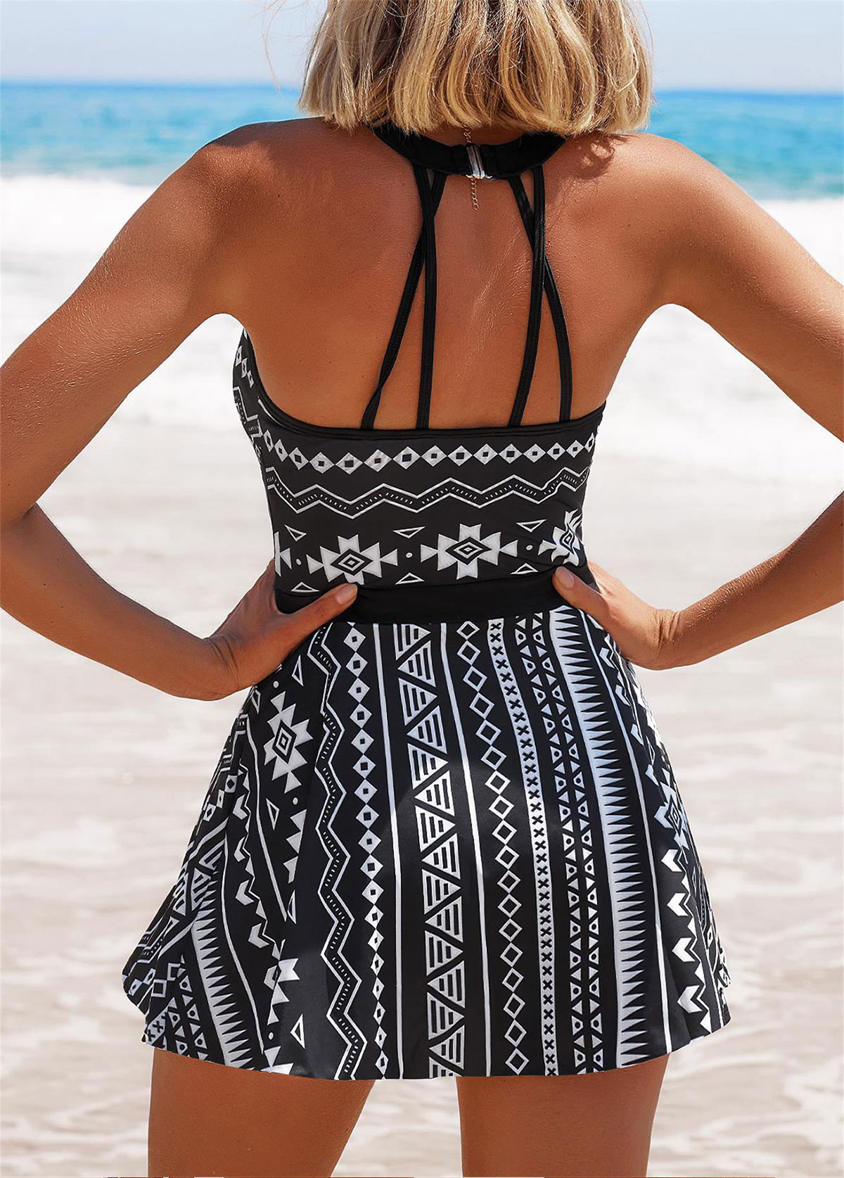 Cage Neck Mid Waisted Tribal Print Swimdress and Panty