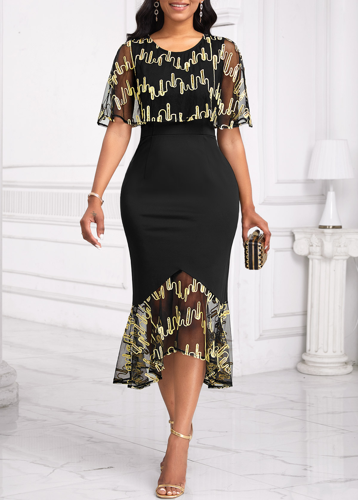 Black Embroidery High Low Short Sleeve Bodycon Dress