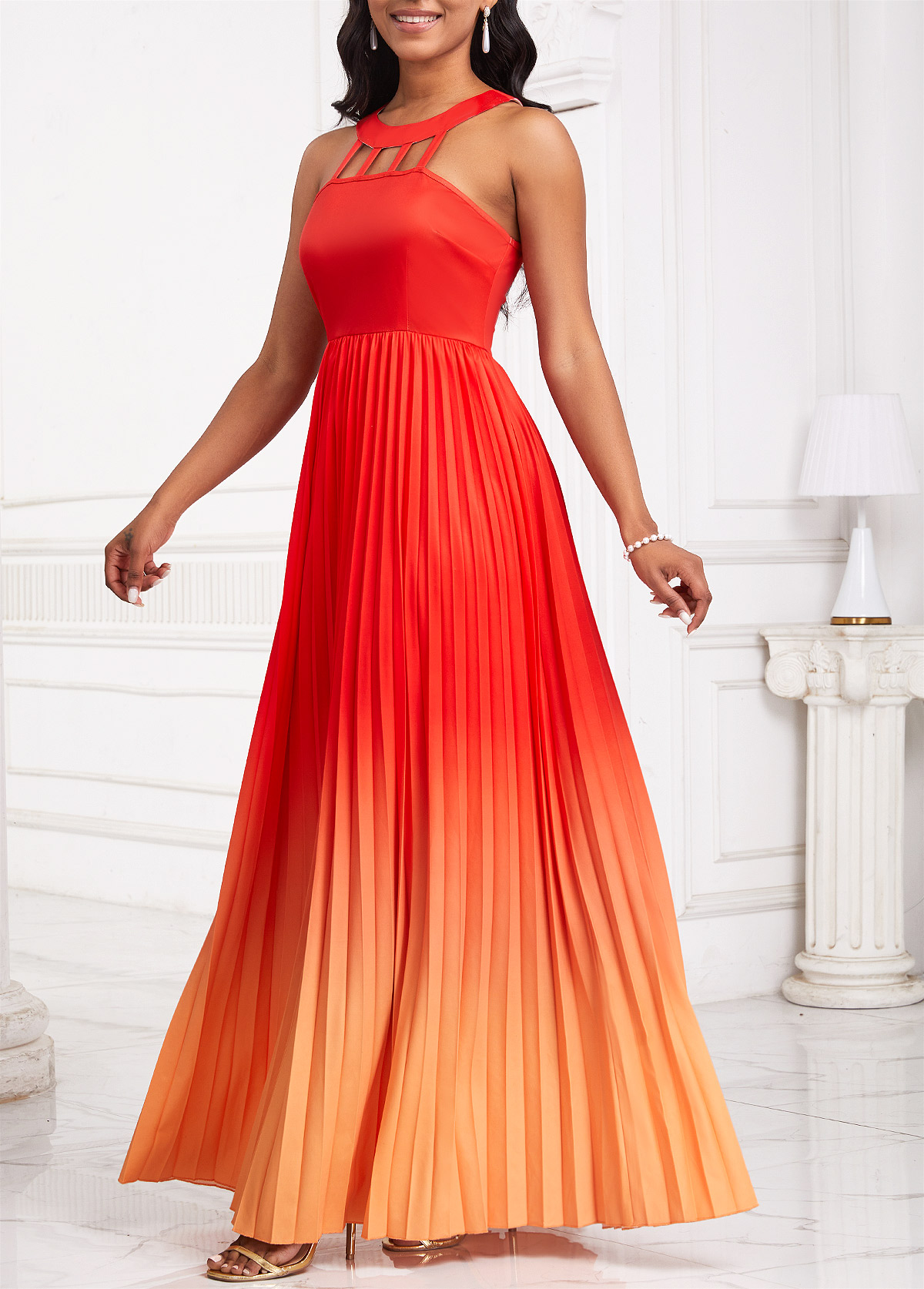Orange Cage Neck Ombre Sleeveless Maxi Dress
