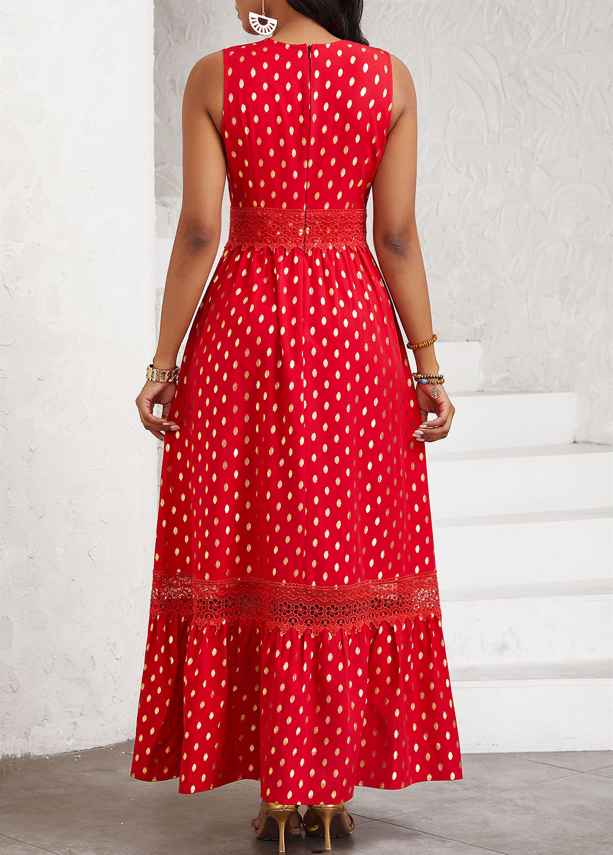 Red Hot Stamping Polka Dot Sleeveless Maxi Dress