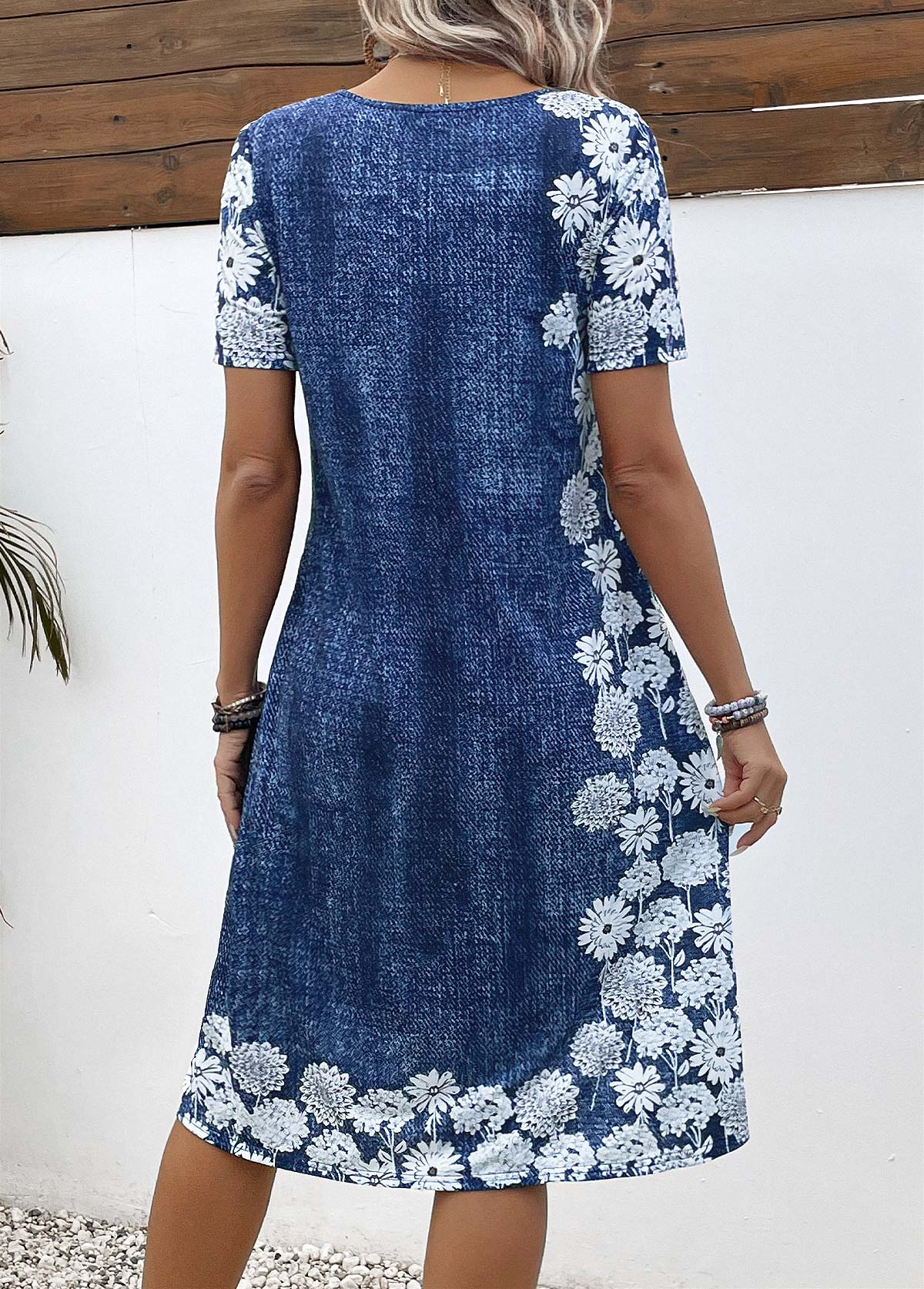 Denim Blue Pocket Floral Print A Line Dress