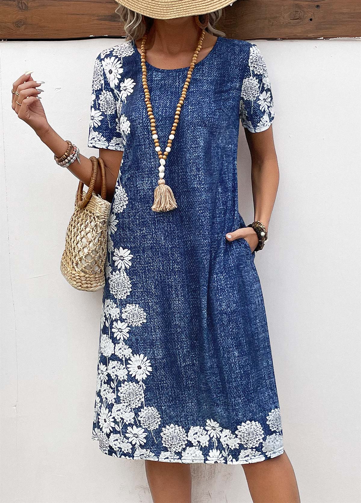 Denim Blue Pocket Floral Print A Line Dress