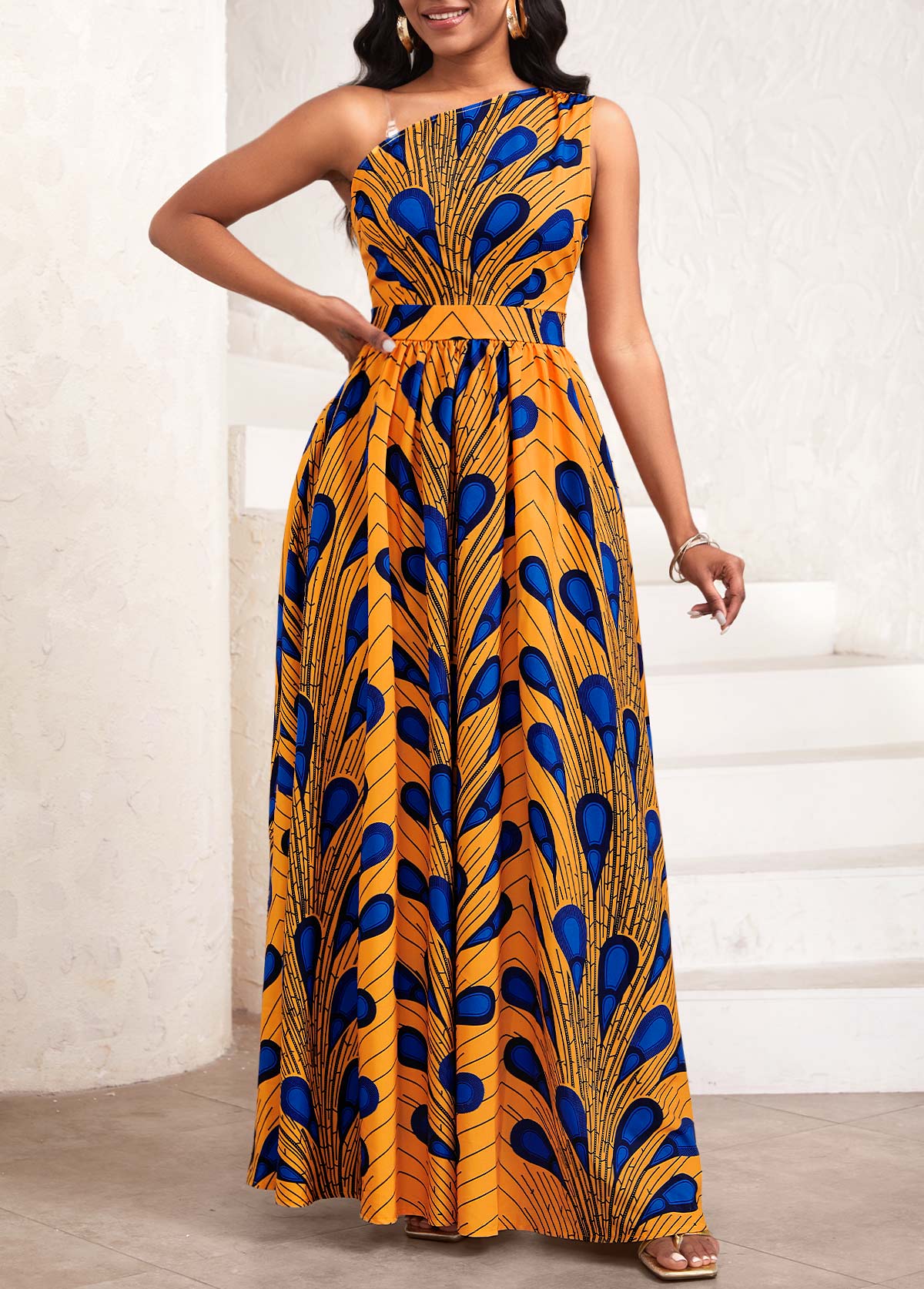 Orange Asymmetry Feathers Print Sleeveless One Shoulder Maxi Dress