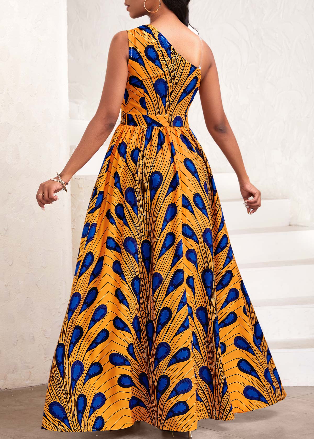 Orange Asymmetry Feathers Print Sleeveless One Shoulder Maxi Dress