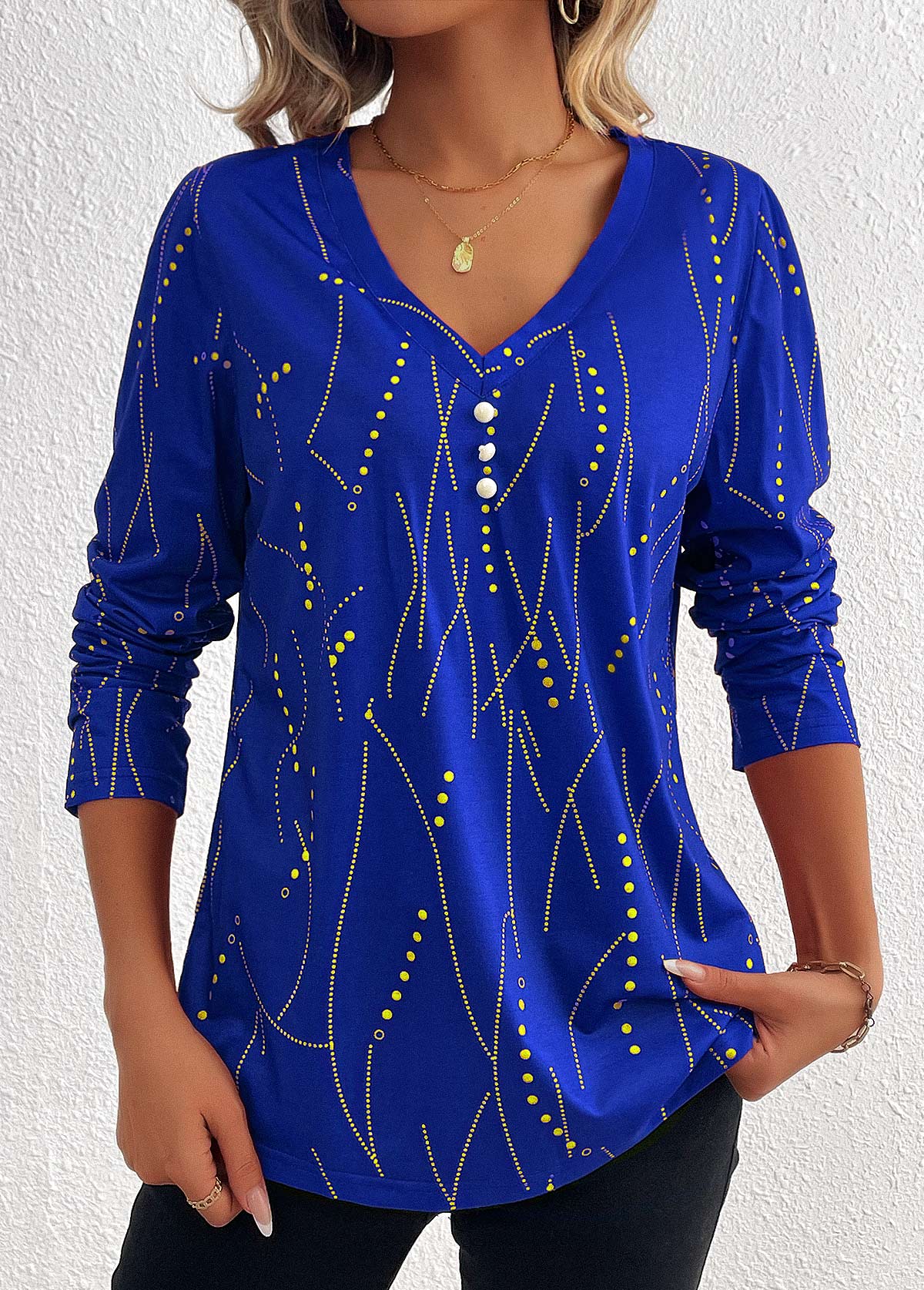 Dark Blue Button Geometric Print Long Sleeve T Shirt