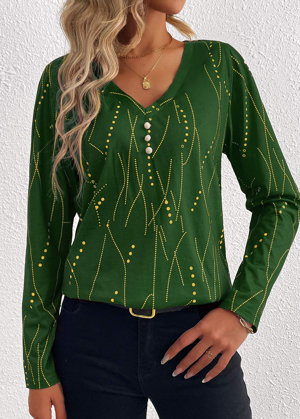 Green Button Geometric Print Long Sleeve T Shirt