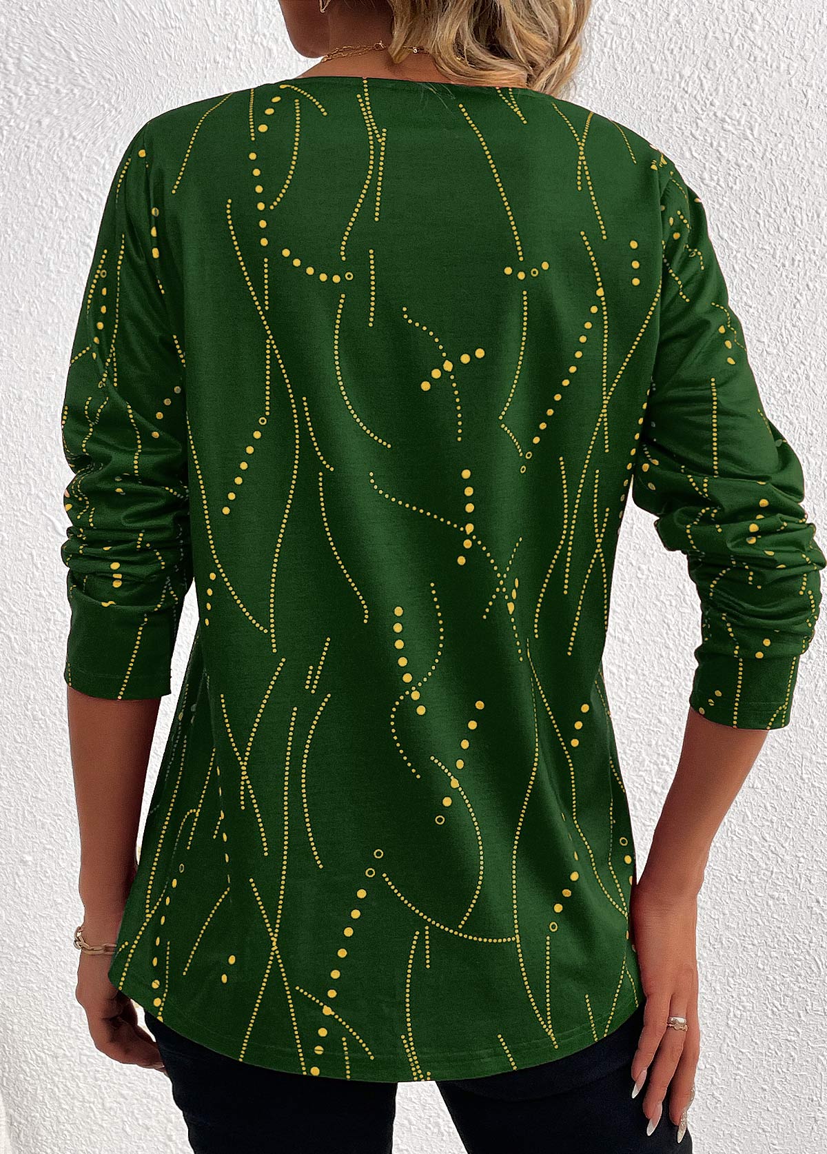Green Button Geometric Print Long Sleeve T Shirt