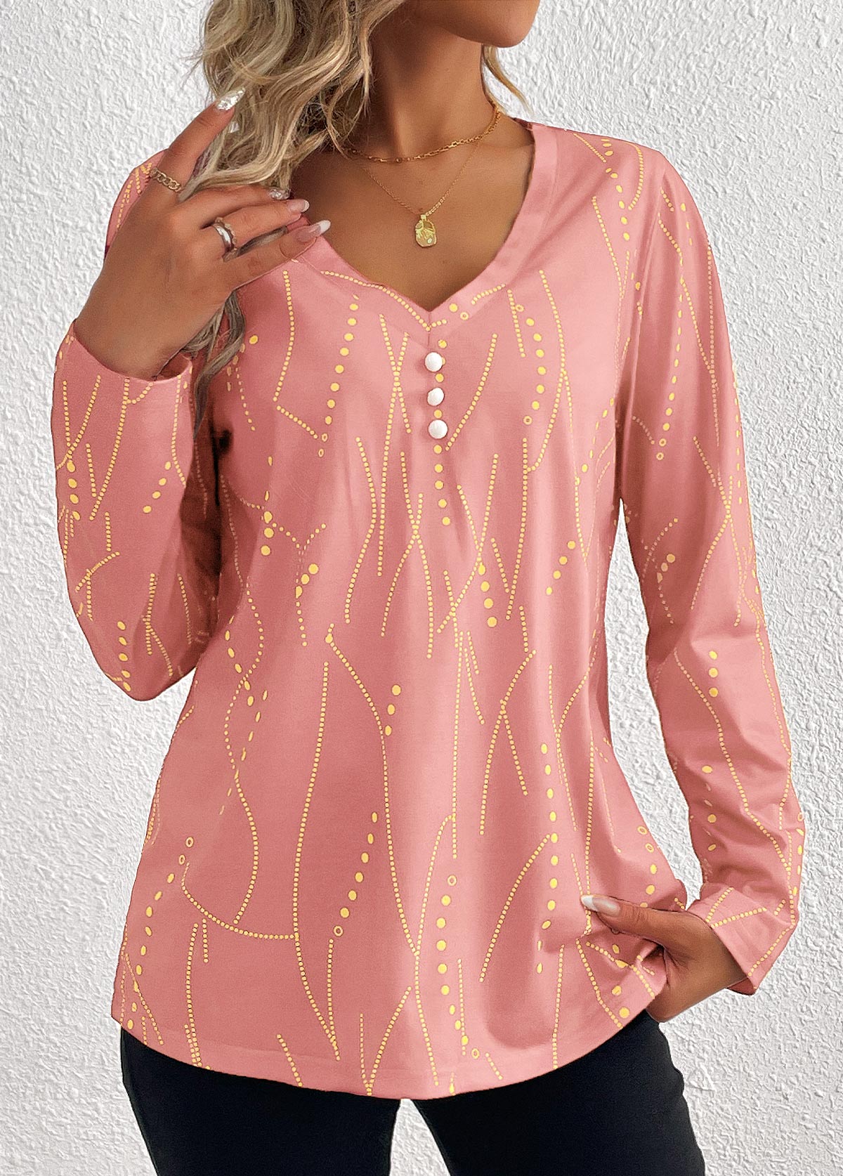 Pink Button Geometric Print Long Sleeve T Shirt