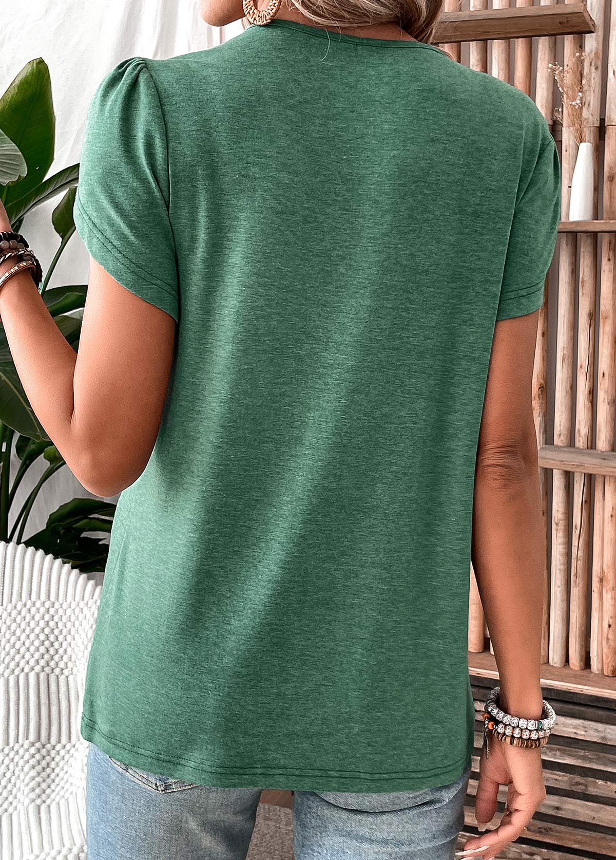 Turquoise Patchwork Short Sleeve V Neck T Shirt