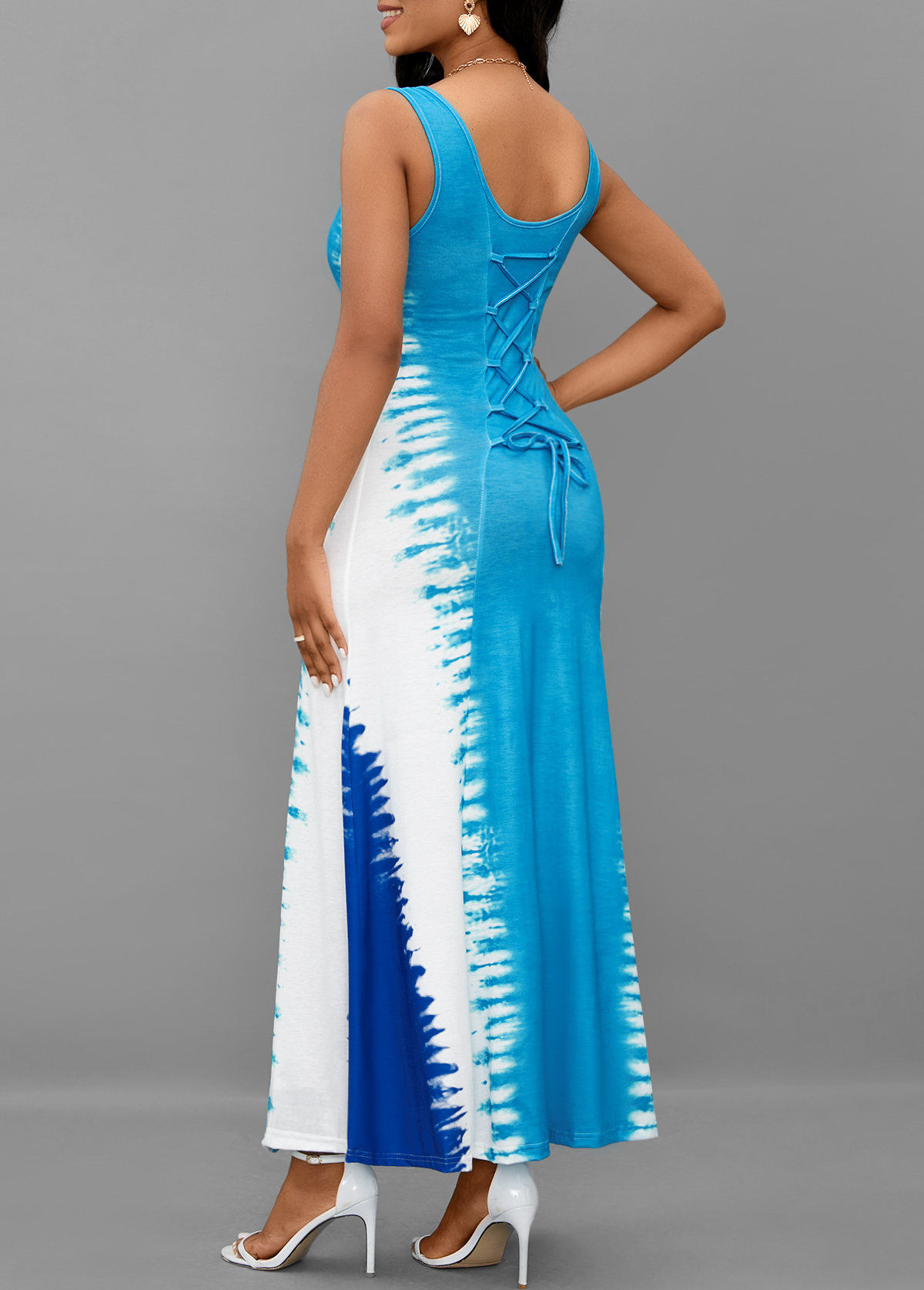Light Blue Lace Up Tie Dye Print Maxi Dress