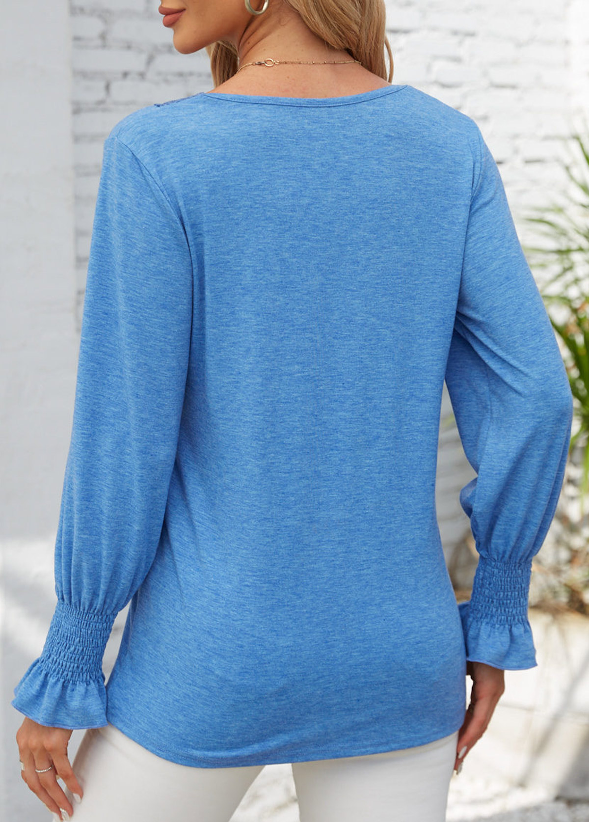 Sky Blue Patchwork Long Sleeve V Neck T Shirt