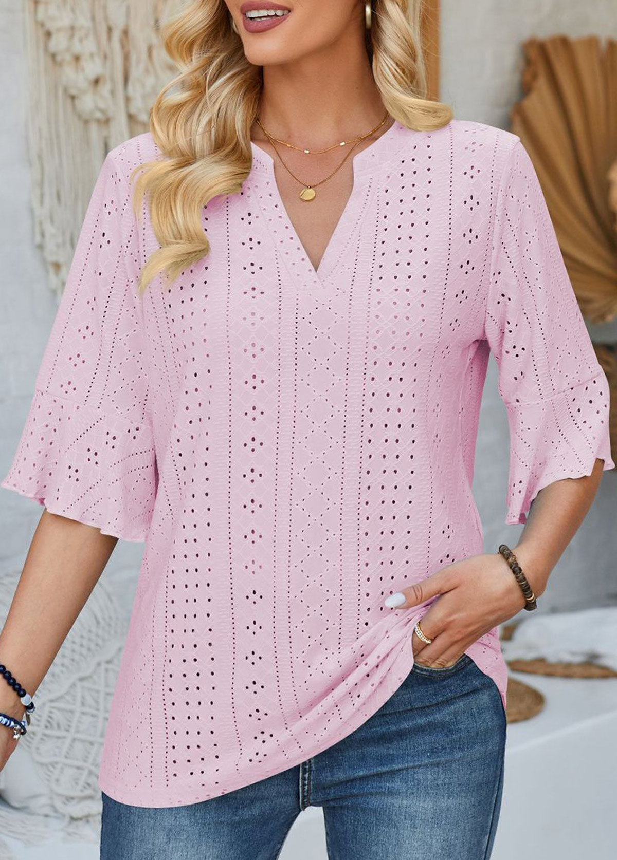 Pink Jacquard Half Sleeve Split Neck T Shirt