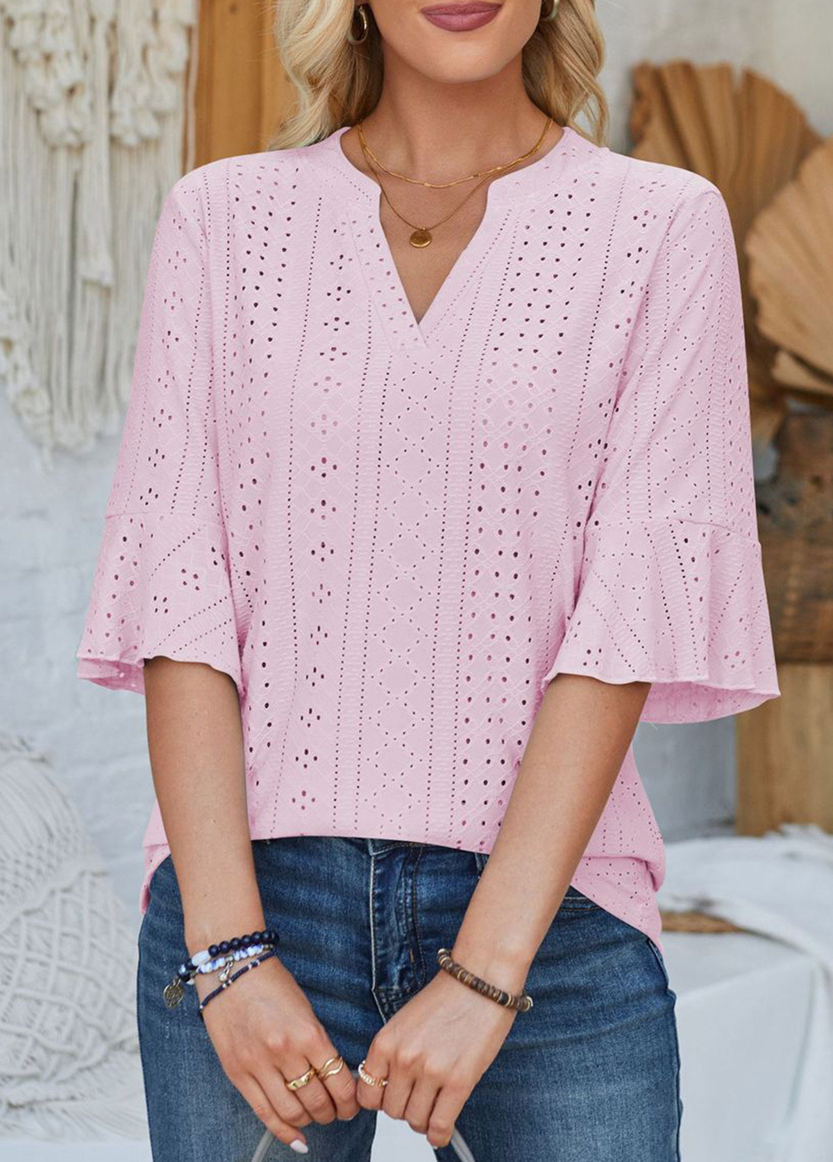 Pink Jacquard Half Sleeve Split Neck T Shirt