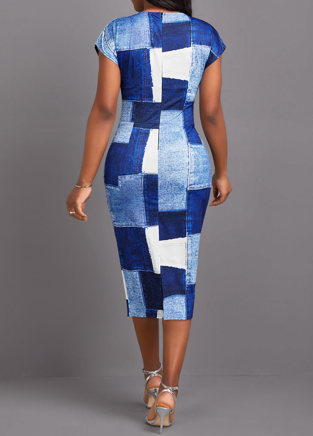Denim Blue Patchwork Denim-effect Print Short Sleeve Bodycon Dress