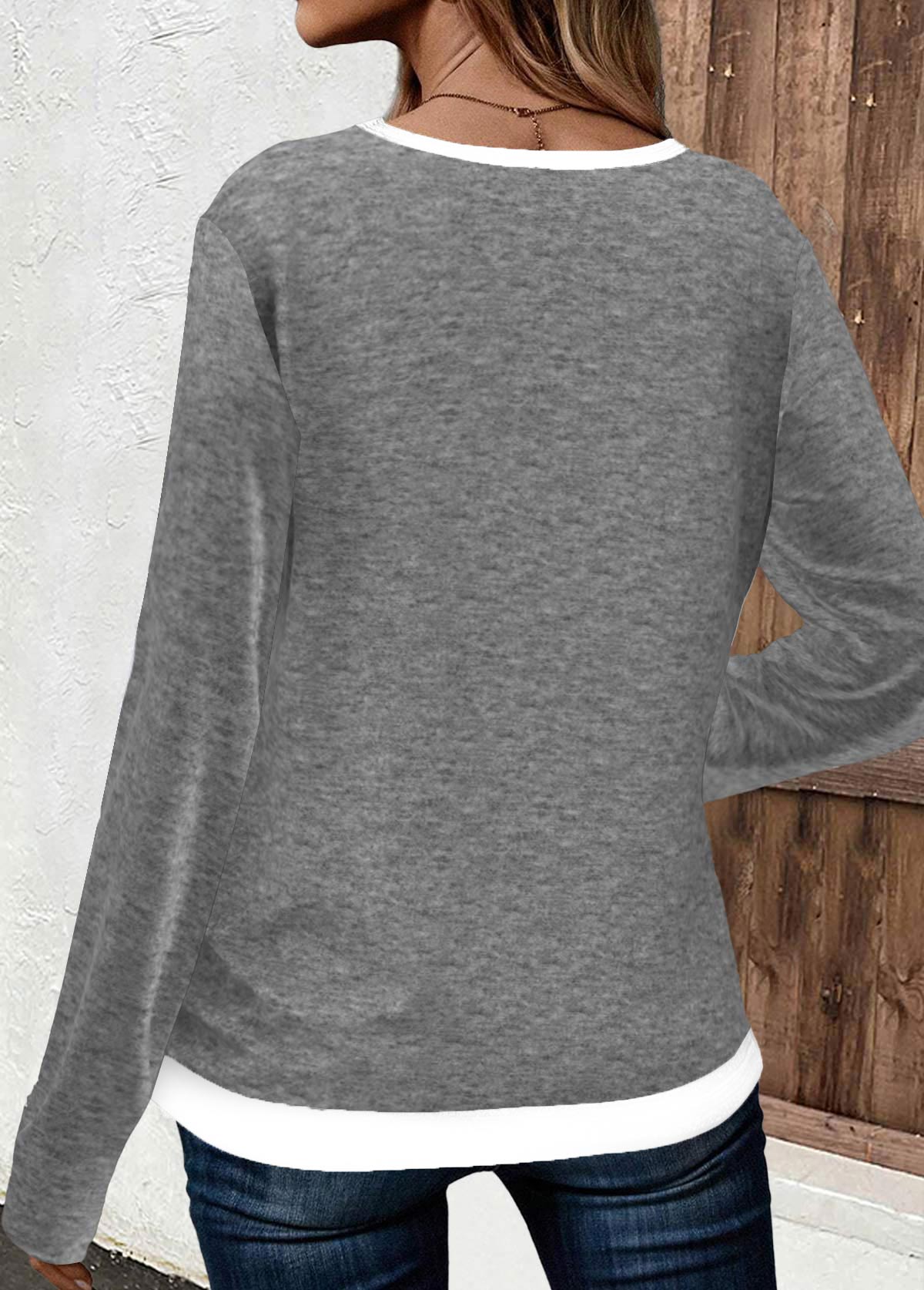 Grey Patchwork Floral Print Long Sleeve T Shirt