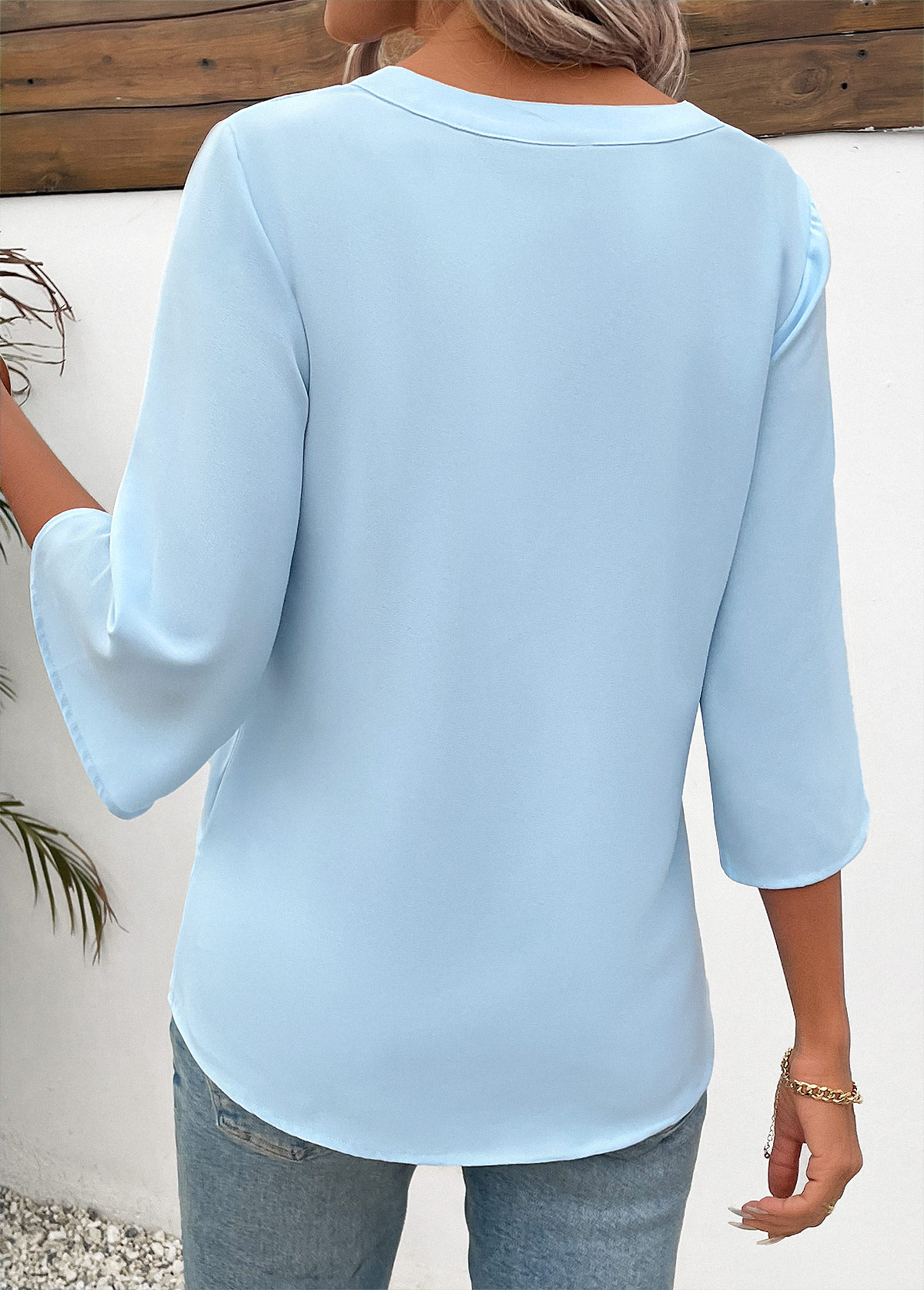 Light Blue Button 3/4 Sleeve Split Neck Blouse | picture 