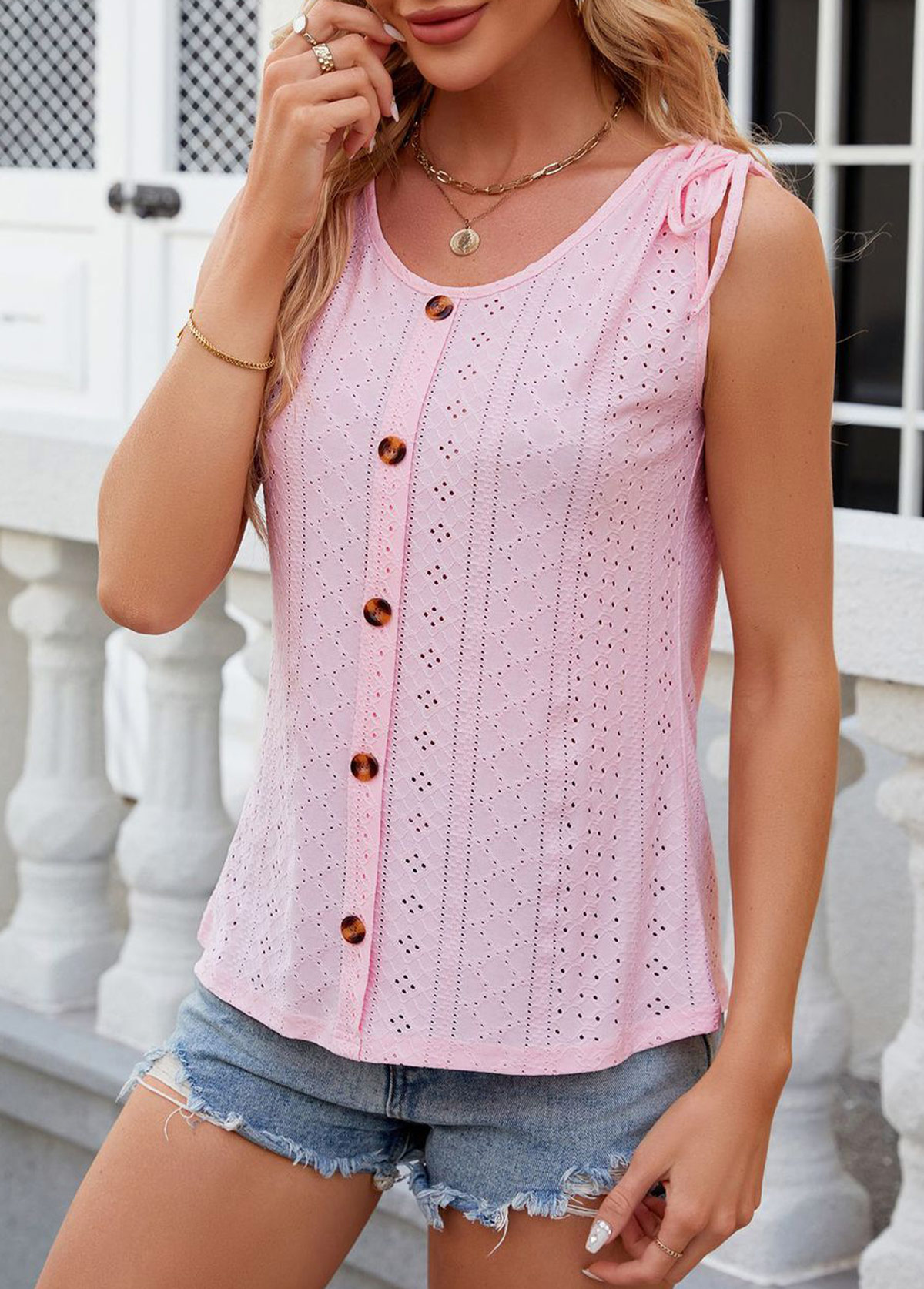 Pink Button Scoop Neck Tank Top