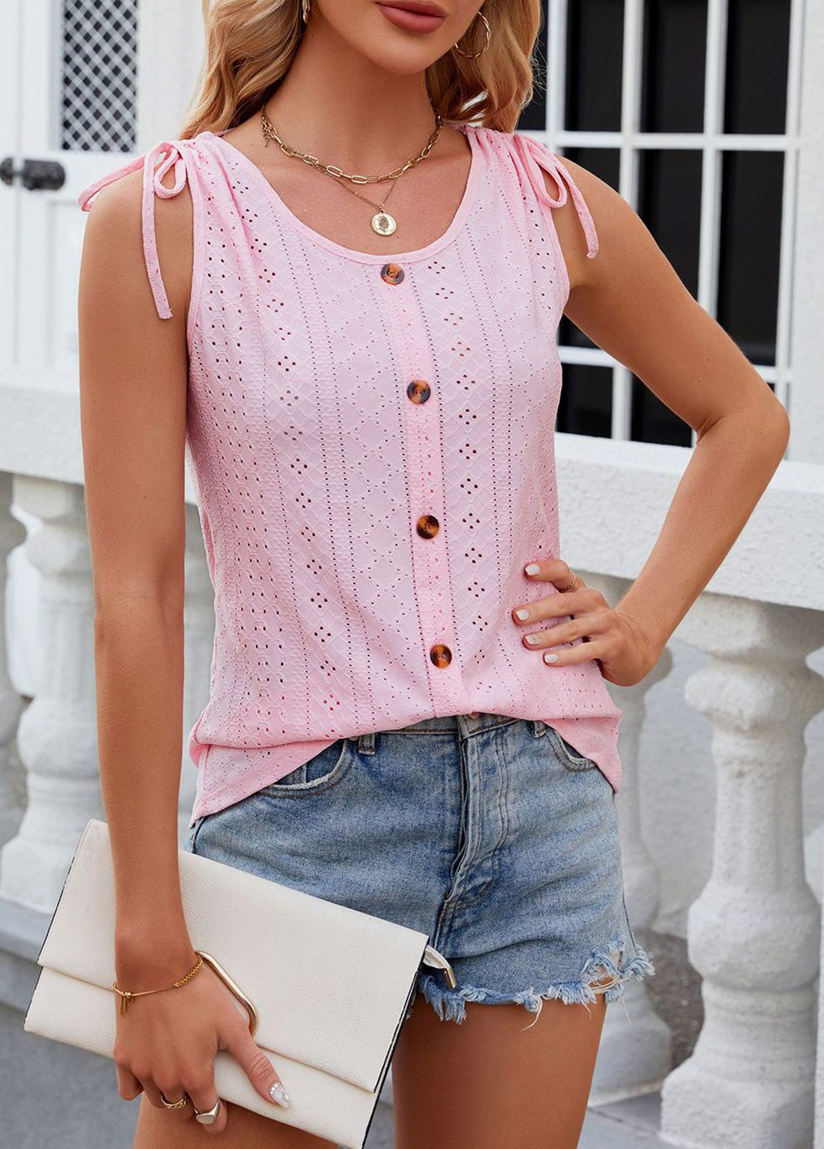 Pink Button Scoop Neck Tank Top