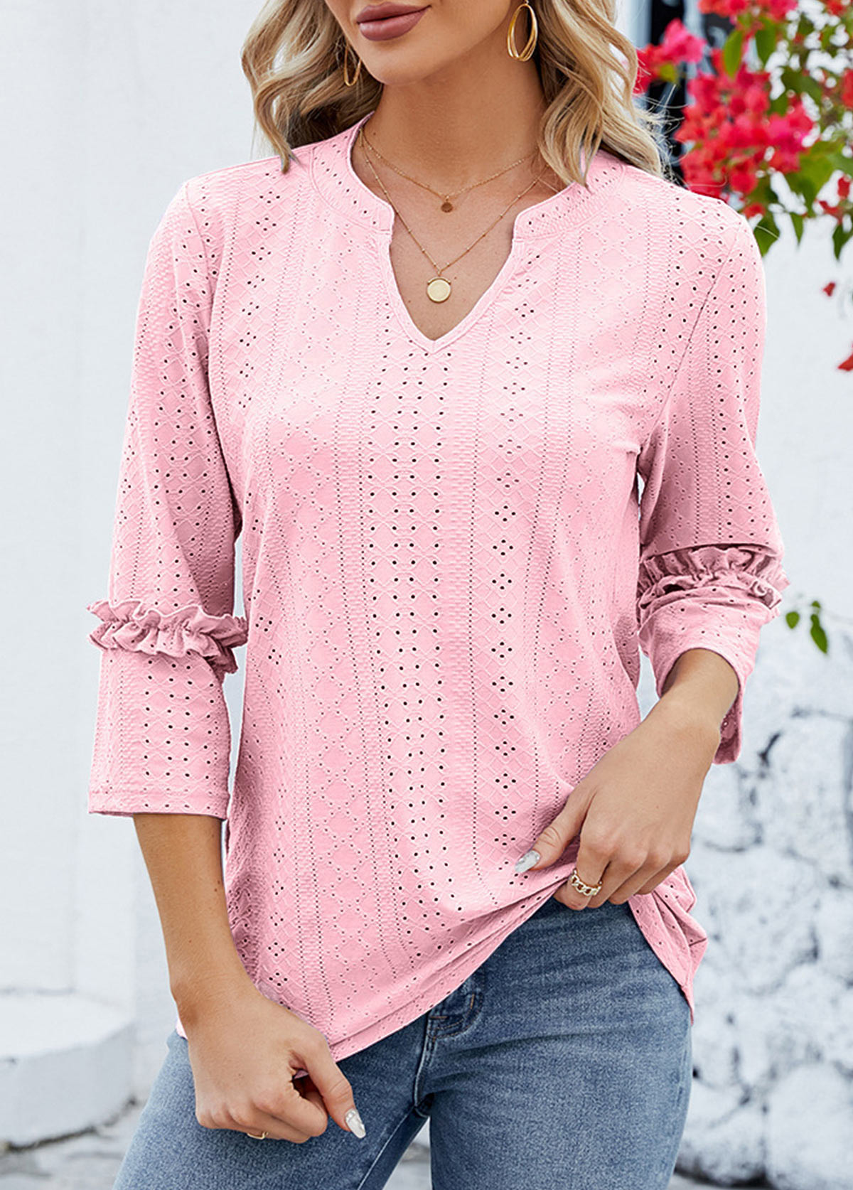 Pink Patchwork 3/4 Sleeve Split Neck T Shirt