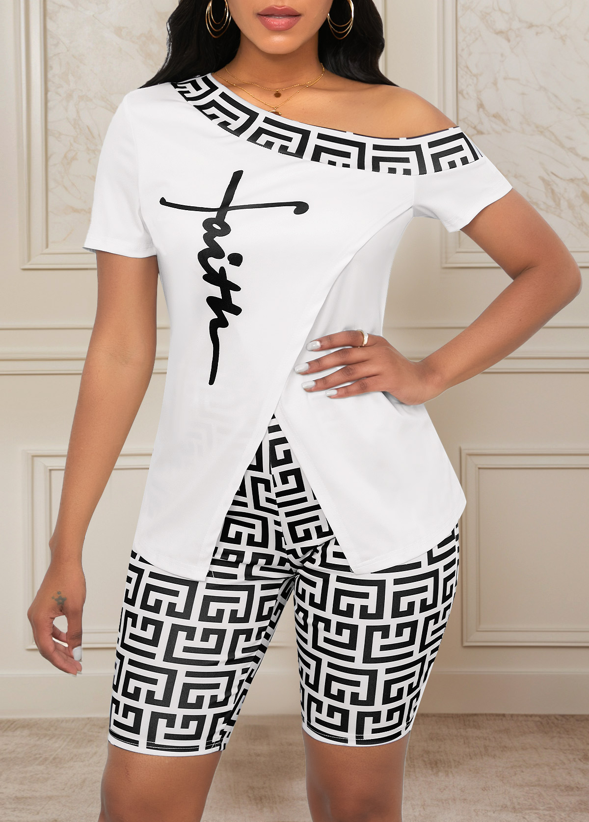 White Patchwork Geometric Print Short Skinny Top and Shorts