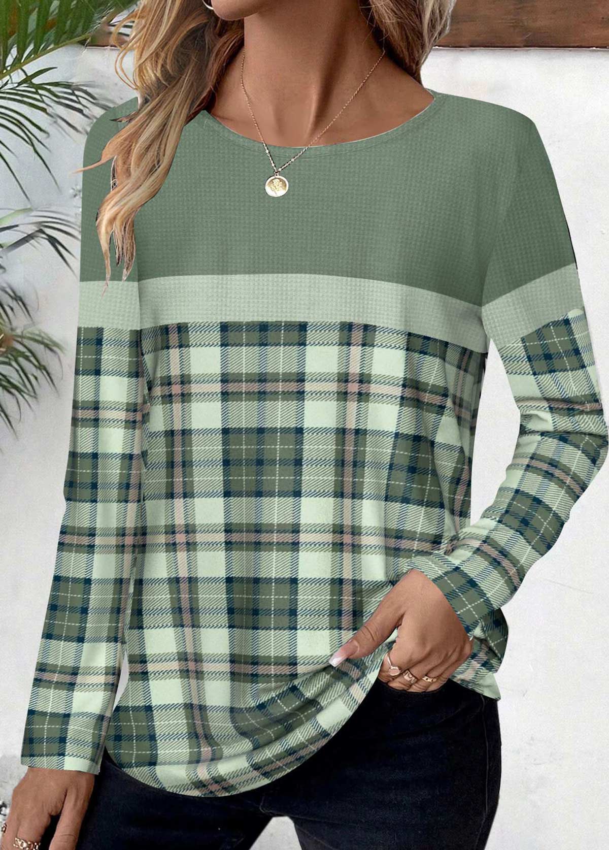 Sage Green Patchwork Plaid Long Sleeve T Shirt