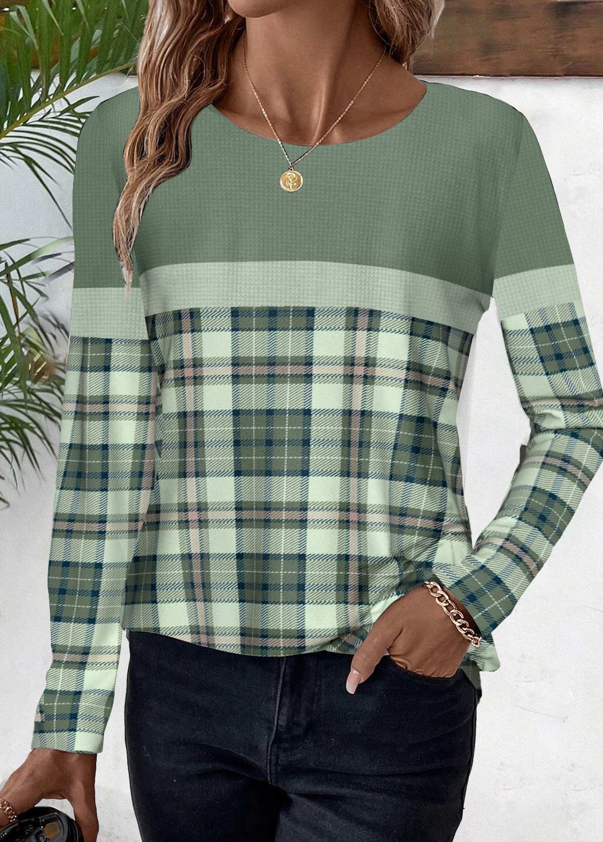 Sage Green Patchwork Plaid Long Sleeve T Shirt