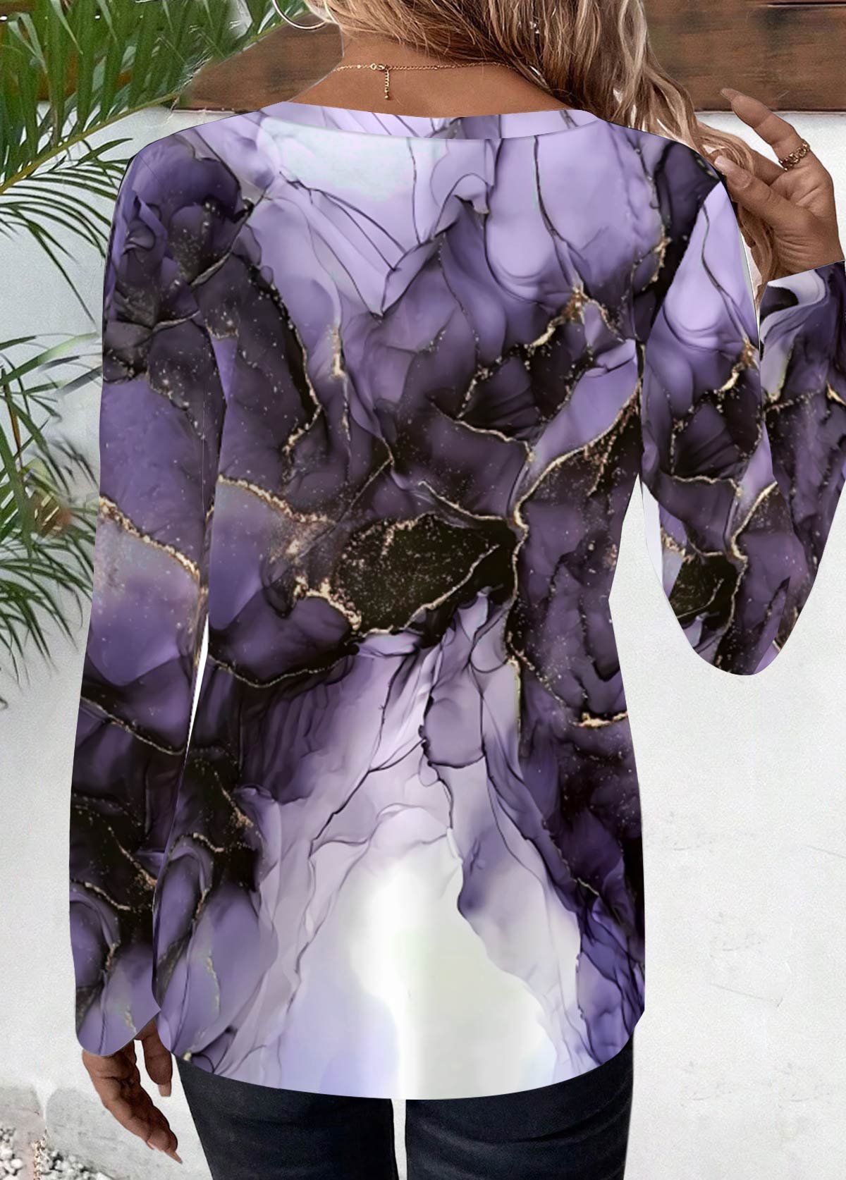 Purple Floral Print Long Sleeve Round Neck T Shirt