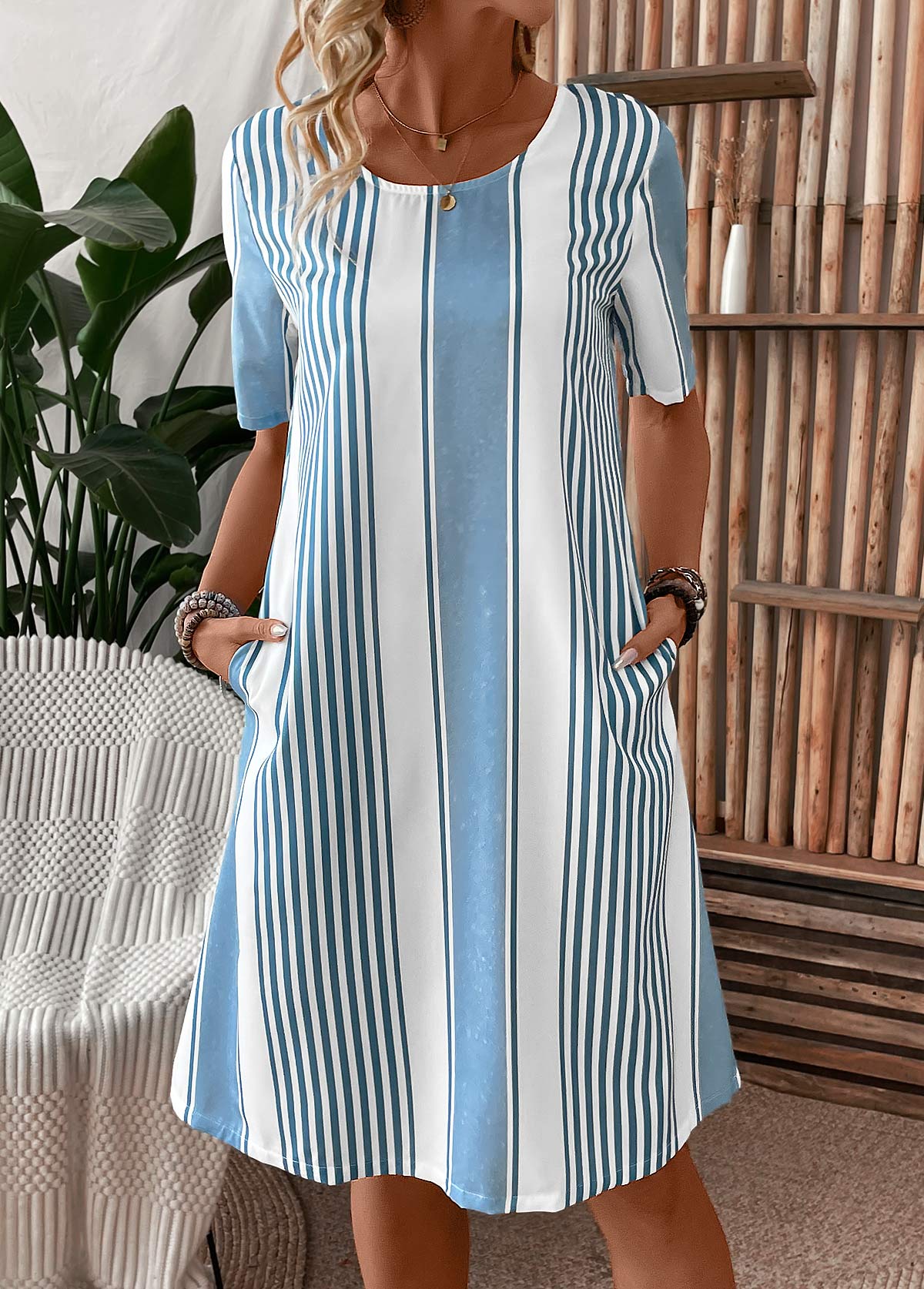 Light Blue Pocket Striped Short Sleeve Shift Dress | picture 
