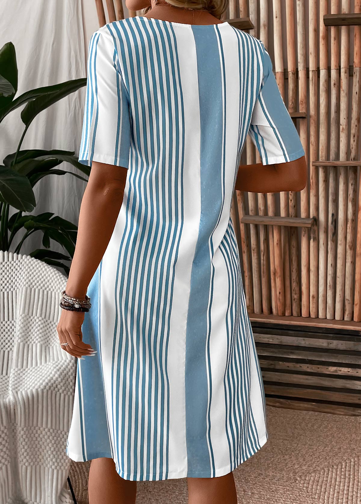 Light Blue Pocket Striped Short Sleeve Shift Dress