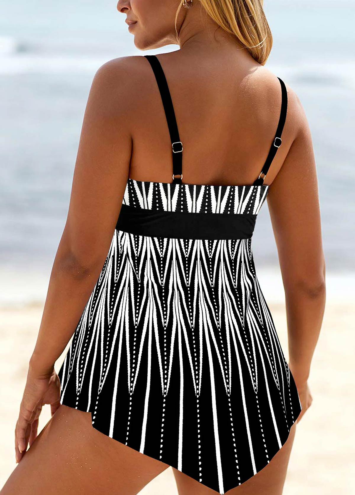 Lace Up Geometric Print Black Swimdress and Panty | picture 
